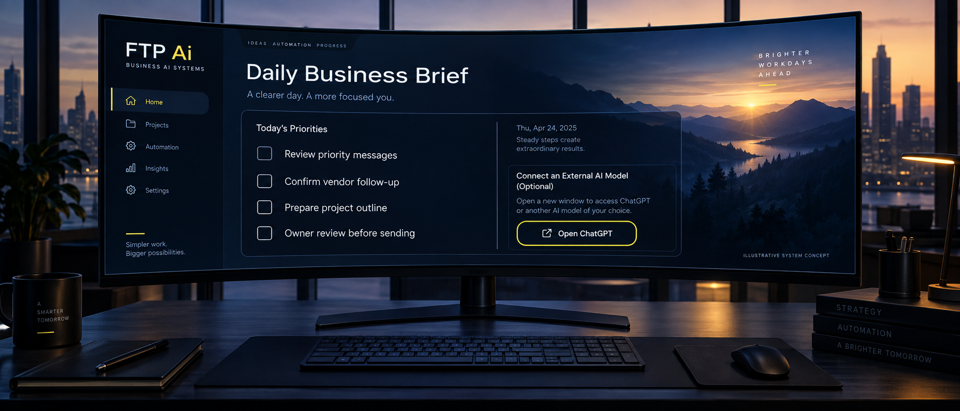 Illustrative 49-inch curved monitor showing a fictional daily business brief and an optional Open ChatGPT button for an external AI model