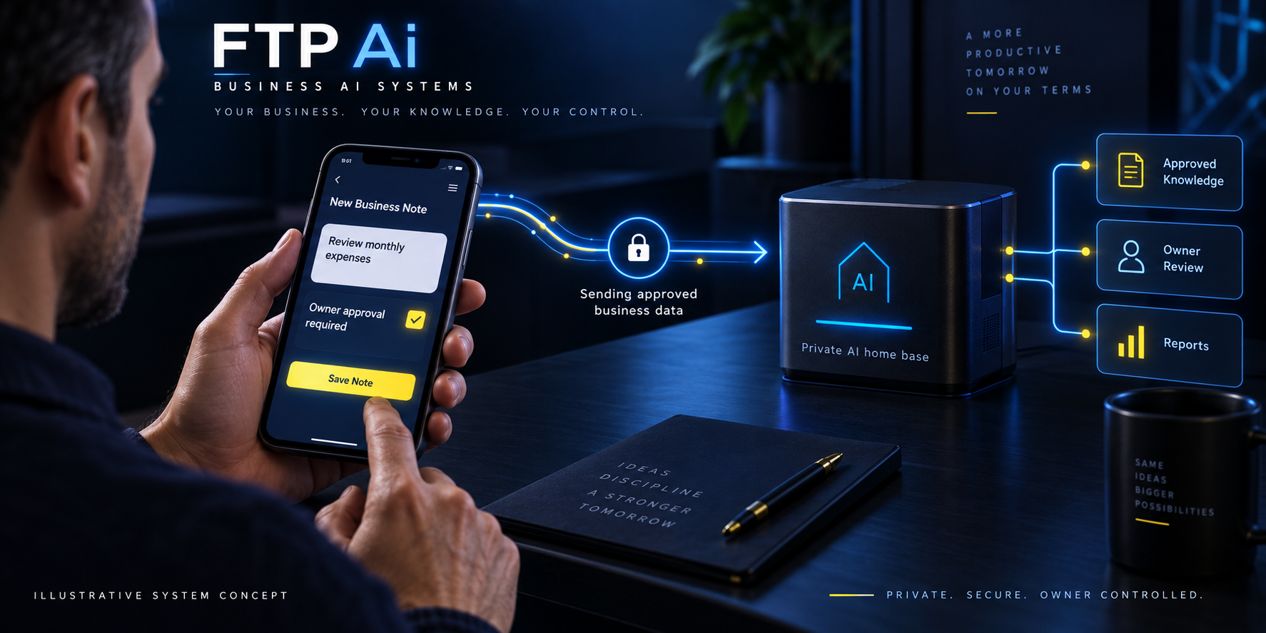 Illustrative owner entering an approved finance-related business note on a phone, with a secure connection to a private AI home base and owner review