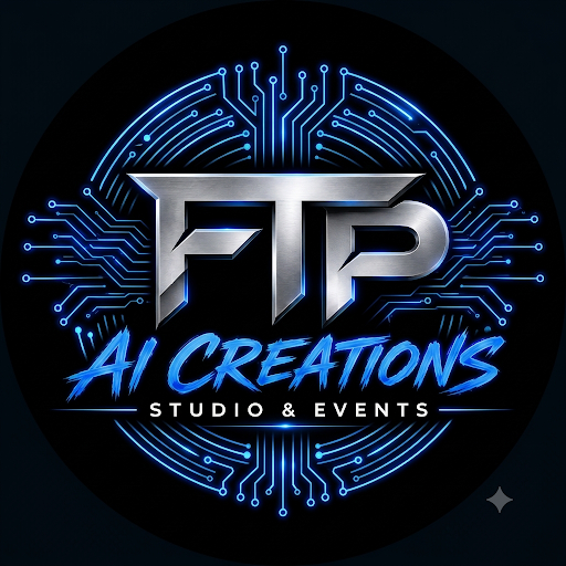 FTP Ai Creations Studio & Events — chrome lettering with electric blue circuitry